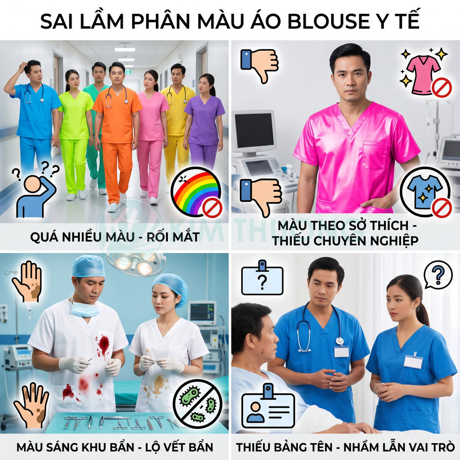 Các lỗi chọn màu áo blouse y tế như quá nhiều màu, màu sặc sỡ, dễ lộ vết bẩn và thiếu bảng tên