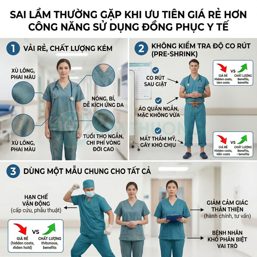 Infographic về sai lầm khi chọn đồng phục y tế giá rẻ, so sánh chất lượng vải, độ co rút và mẫu mã cho nhân viên y tế