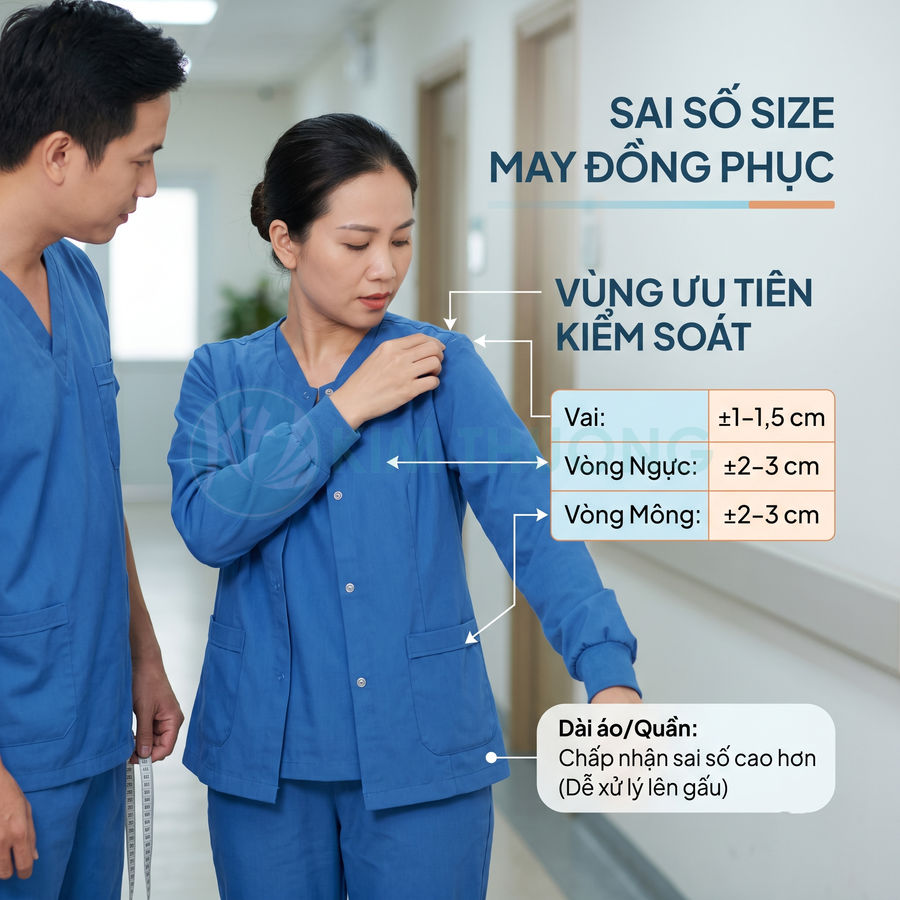 Nhân viên y tế mặc đồng phục bệnh viện màu xanh dương được đo kiểm tra size vai ngực mông