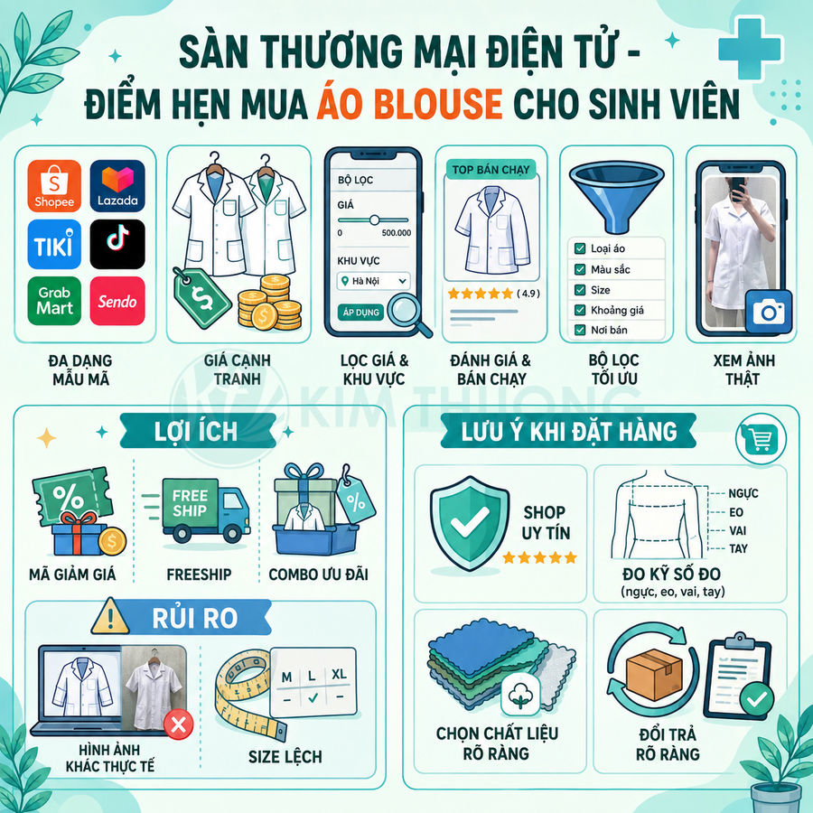 Infographic hướng dẫn mua áo blouse sinh viên trên sàn thương mại điện tử với lợi ích và lưu ý khi đặt hàng