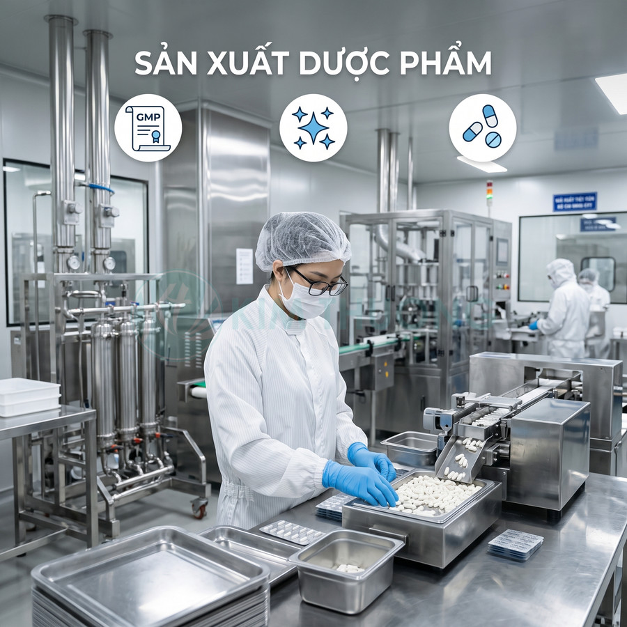 Nhân viên phòng sạch vận hành dây chuyền sản xuất thuốc viên trong nhà máy dược phẩm đạt chuẩn GMP