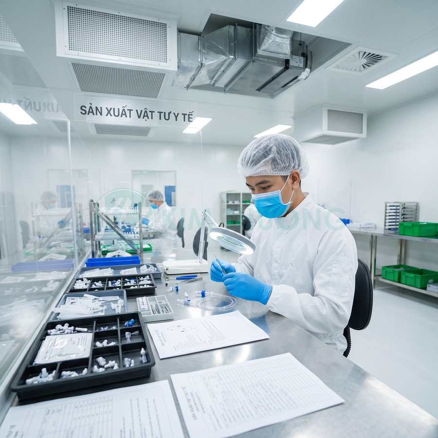Nhân viên kiểm tra linh kiện vật tư y tế trong phòng sạch sản xuất hiện đại
