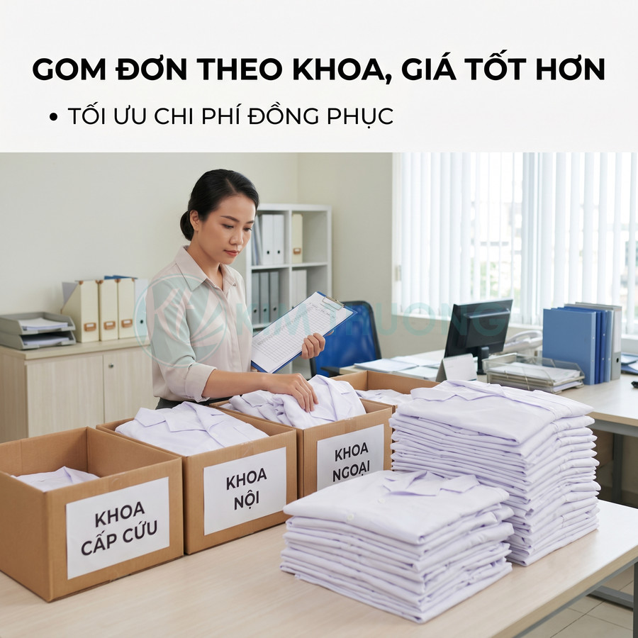 Nhân viên văn phòng sắp xếp đồng phục y tế trắng theo từng khoa trong thùng carton trên bàn làm việc