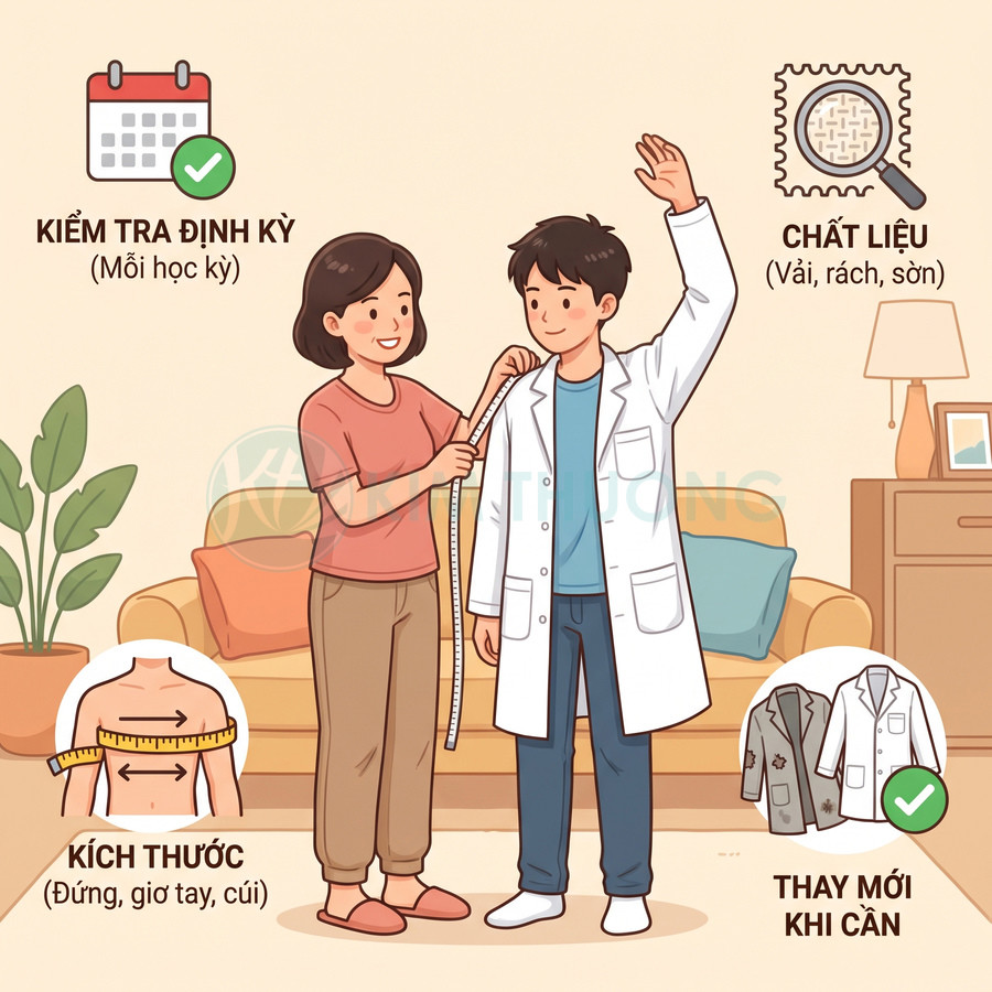 Người phụ nữ đo cậu bé mặc áo khoác trắng, minh họa kiểm tra kích thước và chất liệu quần áo định kỳ, thay mới khi cần
