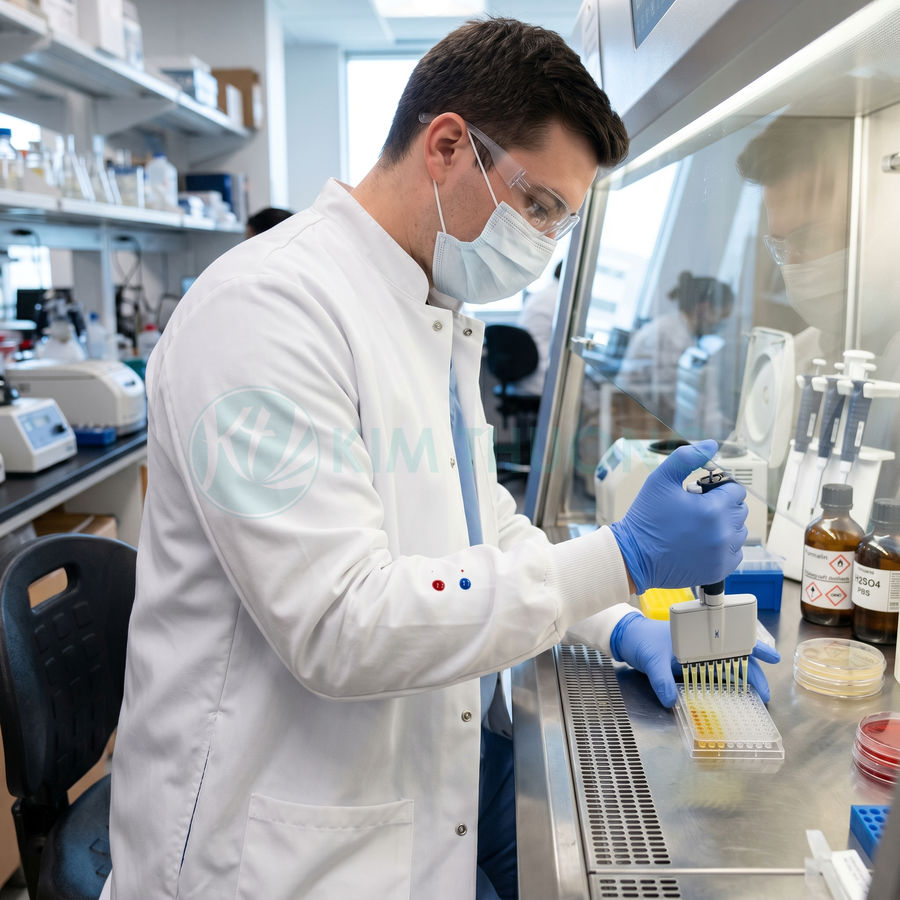 Nhà khoa học dùng micropipette đa kênh lấy mẫu vào khay xét nghiệm trong phòng thí nghiệm sinh học