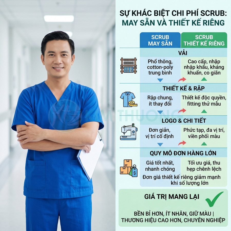 Bác sĩ mặc bộ scrub y khoa màu xanh dương đứng cạnh bảng so sánh chi phí scrub may sẵn và thiết kế riêng