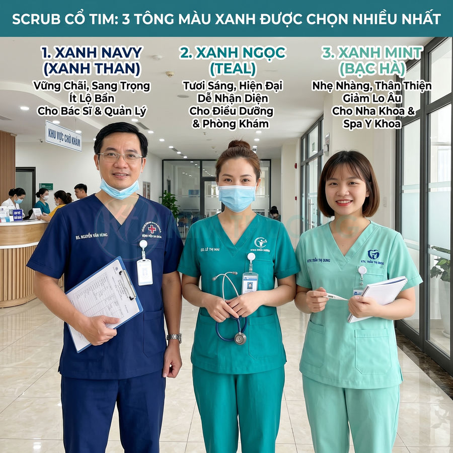 Bộ đồng phục scrub cổ tim màu xanh navy, xanh ngọc và xanh mint cho bác sĩ và điều dưỡng trong bệnh viện