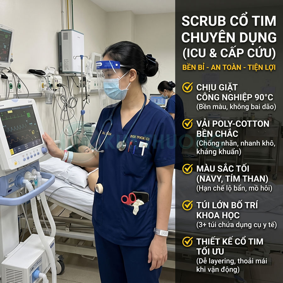 Đồng phục scrub cổ tim màu navy cho nhân viên ICU với nhiều túi tiện dụng trong phòng hồi sức cấp cứu
