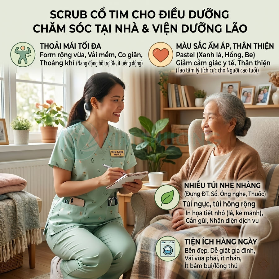 Đồng phục scrub cổ tim màu xanh pastel cho điều dưỡng chăm sóc người cao tuổi tại nhà và viện dưỡng lão