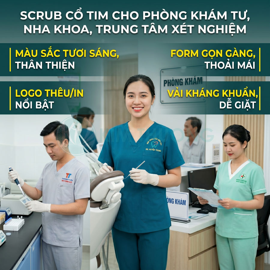 Đồng phục scrub cổ tim cho bác sĩ và y tá tại phòng khám tư, màu sắc tươi sáng, logo thêu nổi bật