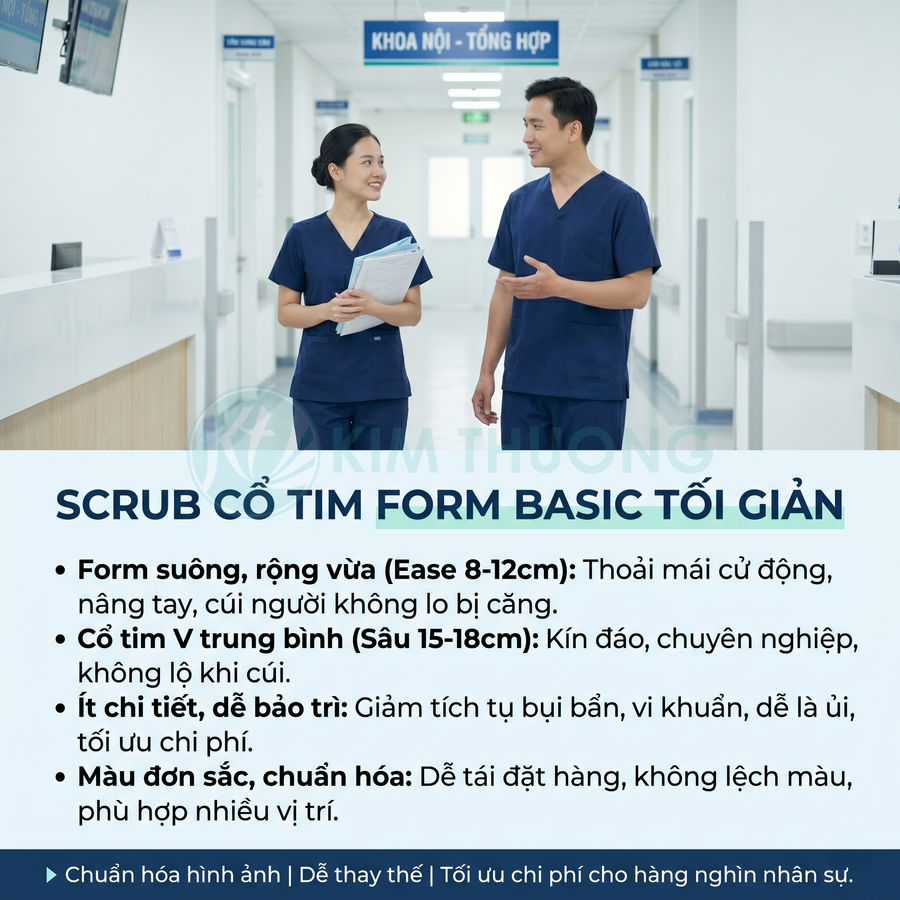 Đồng phục scrub cổ tim form basic tối giản màu xanh navy cho nhân viên y tế trong bệnh viện