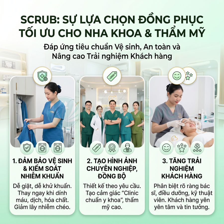Đồng phục scrub cho nha khoa và thẩm mỹ, nhân viên y tế mặc áo quần xanh xám trong phòng khám hiện đại