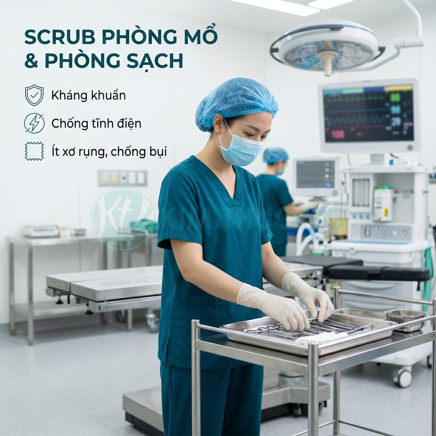 Bộ đồ scrub phòng mổ màu xanh kháng khuẩn chống tĩnh điện cho nhân viên y tế trong phòng phẫu thuật