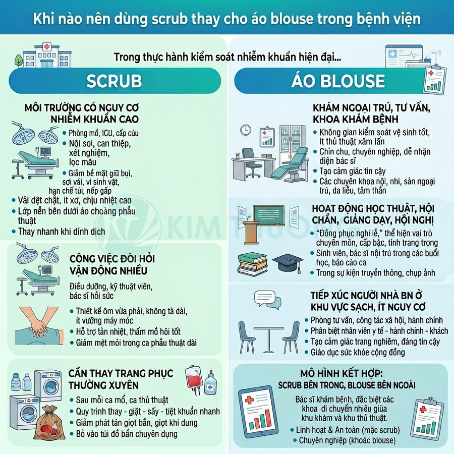 Infographic so sánh khi dùng đồ scrub và áo blouse trong bệnh viện, nêu môi trường, công việc và mô hình kết hợp