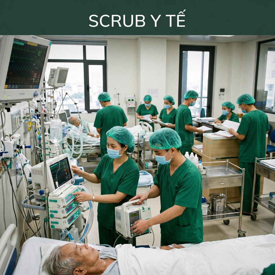 Bộ scrub y tế màu xanh được đội ngũ bác sĩ y tá mặc khi chăm sóc bệnh nhân trong phòng hồi sức