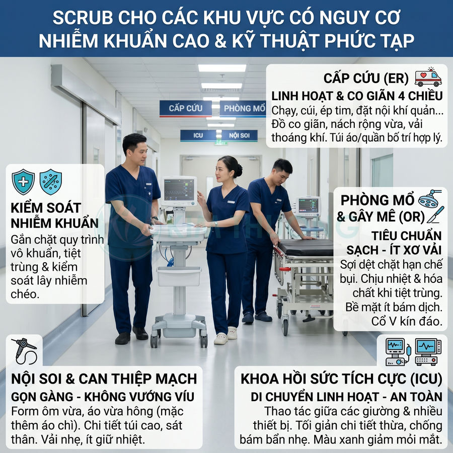 Đồng phục scrub y khoa màu xanh navy cho bác sĩ và điều dưỡng trong khu vực ICU và phòng mổ bệnh viện