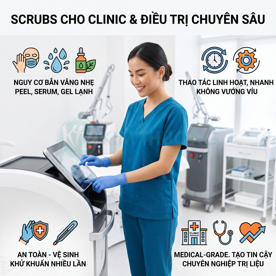 Đồng phục scrubs màu xanh cho nhân viên y tế nữ thao tác máy điều trị tại phòng khám hiện đại