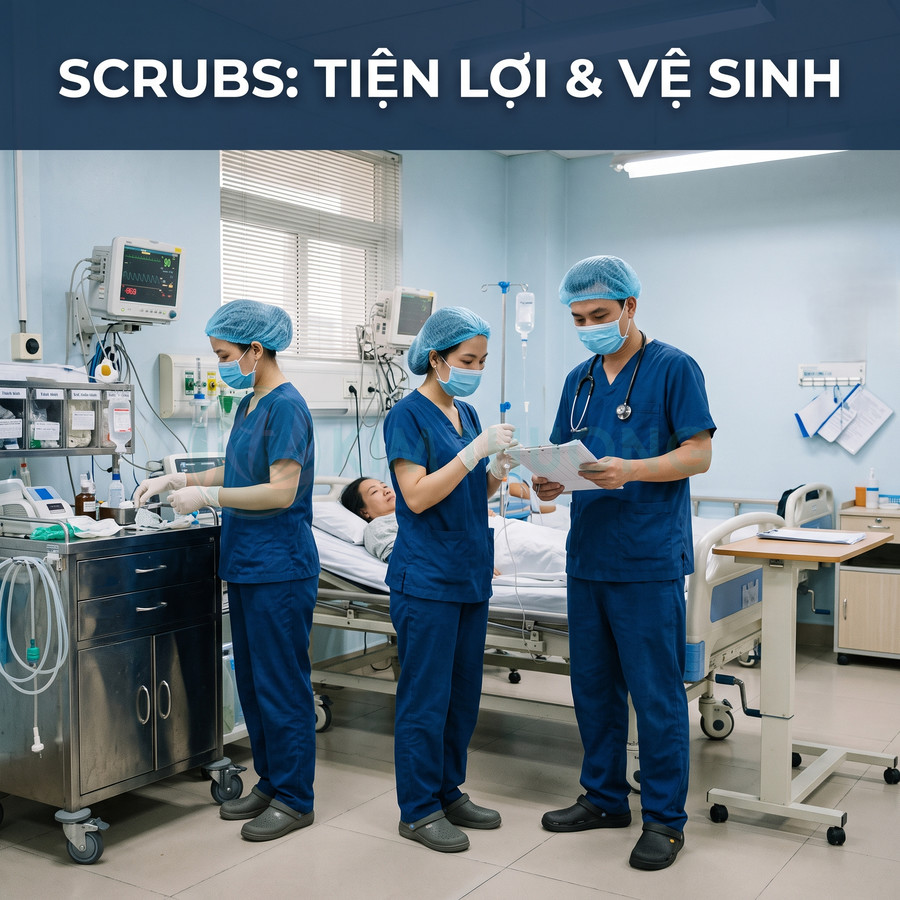 Bộ scrub y tế màu xanh dương được bác sĩ và y tá mặc trong phòng bệnh viện sạch sẽ