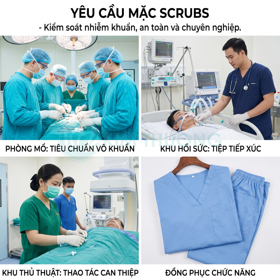 Đồng phục scrubs y tế màu xanh cho bác sĩ và điều dưỡng trong phòng mổ, hồi sức và thủ thuật
