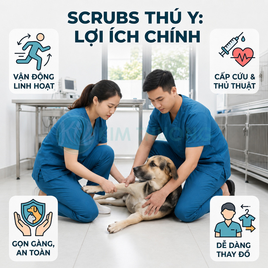 Hai bác sĩ thú y mặc scrubs xanh kiểm tra chó lớn trong phòng khám sạch sẽ
