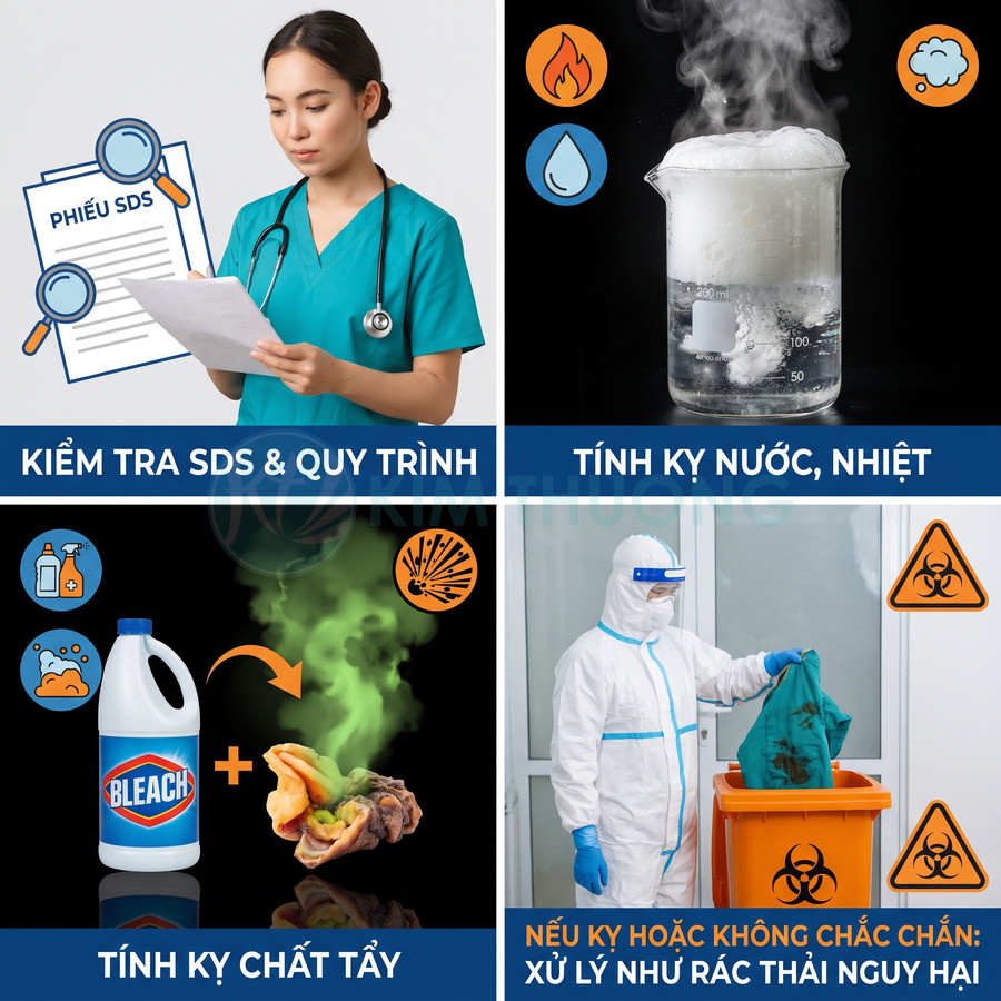 Hướng dẫn an toàn với thuốc tẩy nhãn BLEACH, kiểm tra SDS và xử lý giẻ nhiễm hóa chất như rác thải nguy hại