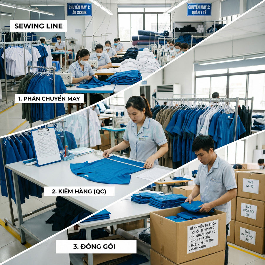 Quy trình may, kiểm hàng và đóng gói đồng phục y tế màu xanh trong xưởng sản xuất