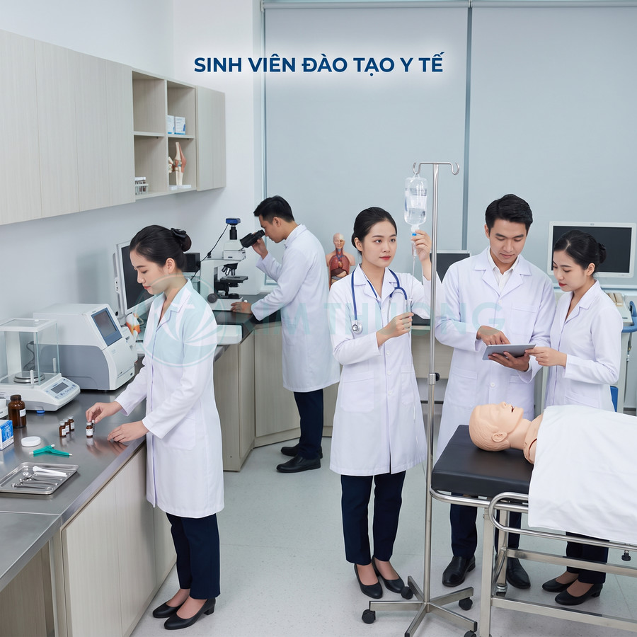 Sinh viên y khoa thực hành trong phòng thí nghiệm với mô hình bệnh nhân và thiết bị y tế