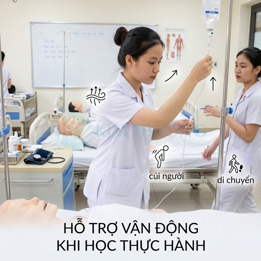 Sinh viên điều dưỡng thực hành truyền dịch cho bệnh nhân giả trong phòng lab y khoa