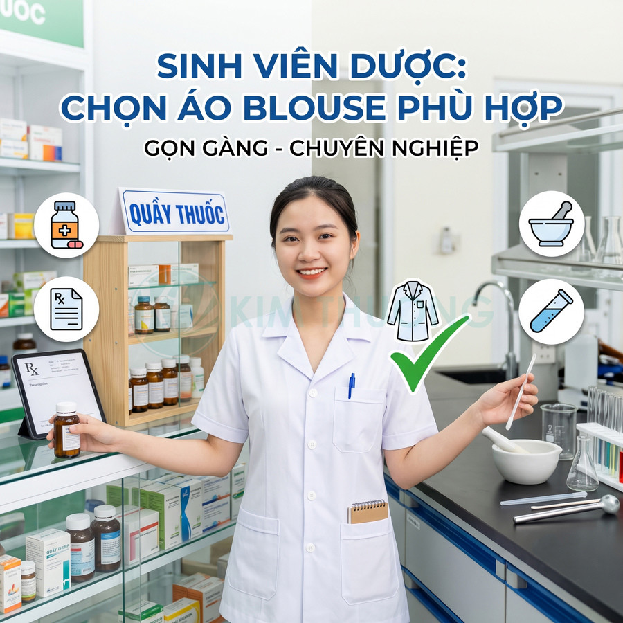 Sinh viên dược mặc áo blouse trắng gọn gàng đứng tại quầy thuốc trong phòng thí nghiệm dược phẩm