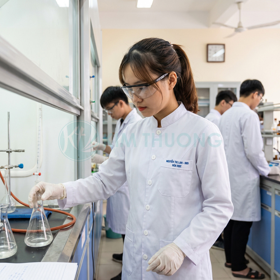 Nữ sinh mặc áo blouse, đeo kính bảo hộ và găng tay, cầm bình tam giác trong phòng thí nghiệm hóa học