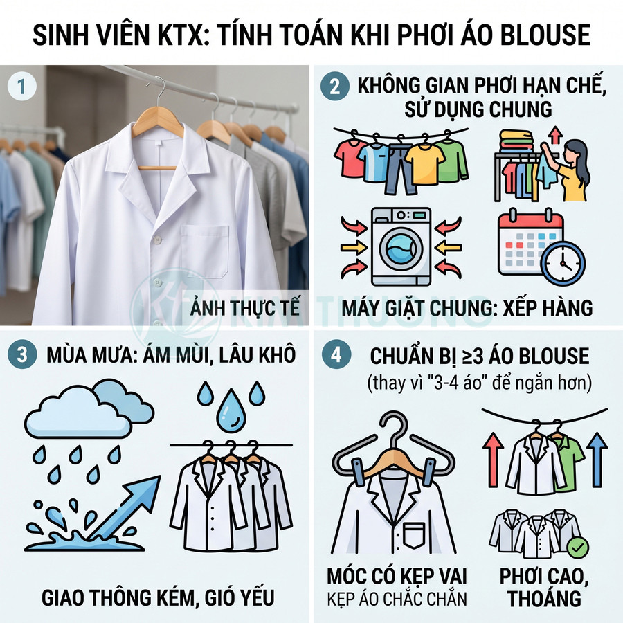 Áo blouse trắng treo trên móc trong ký túc xá, hướng dẫn sinh viên cách phơi và chuẩn bị nhiều áo blouse