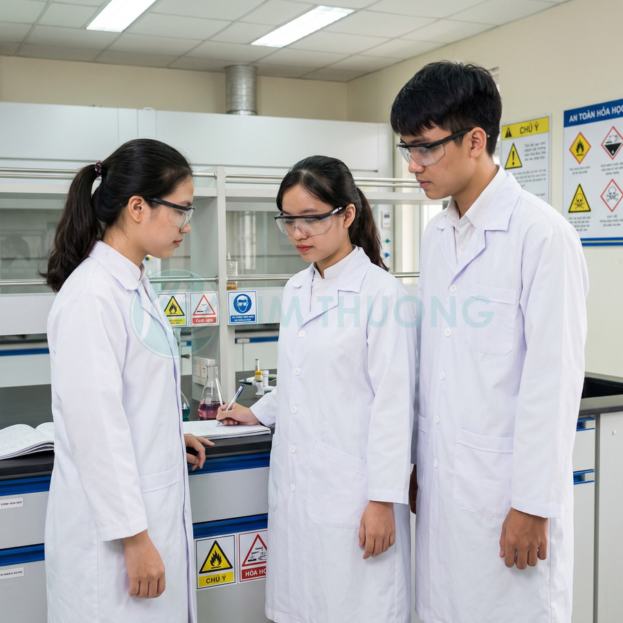 Ba sinh viên mặc áo blouse và kính bảo hộ làm việc trong phòng thí nghiệm hóa học