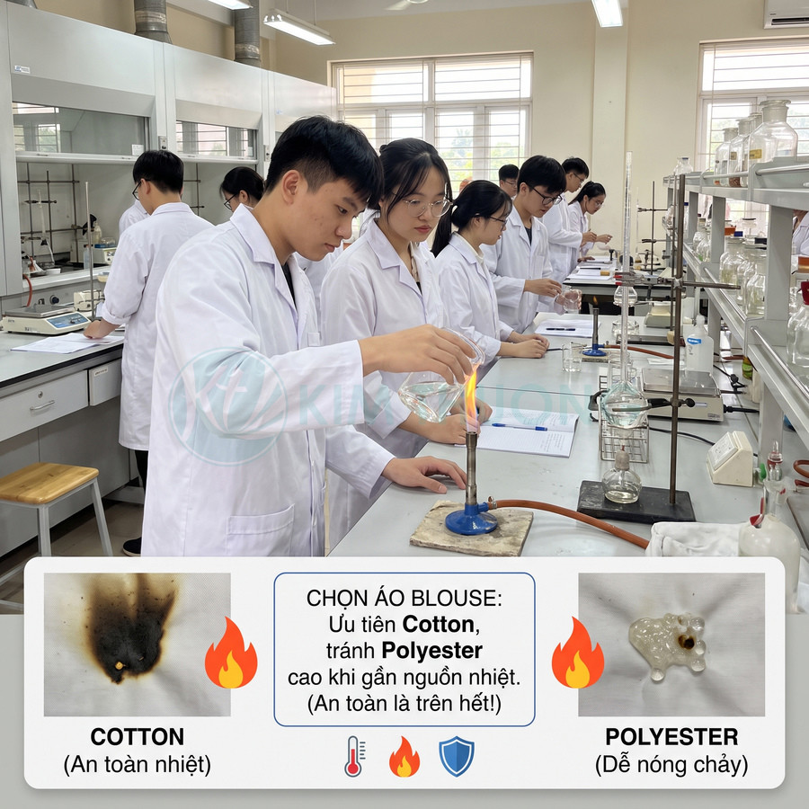 Áo blouse phòng thí nghiệm bằng cotton an toàn hơn polyester khi làm việc gần nguồn nhiệt