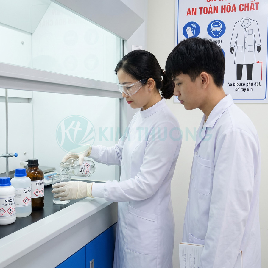 Hai nhân viên phòng thí nghiệm mặc áo blouse và đồ bảo hộ thao tác với hóa chất trong tủ hút khí độc