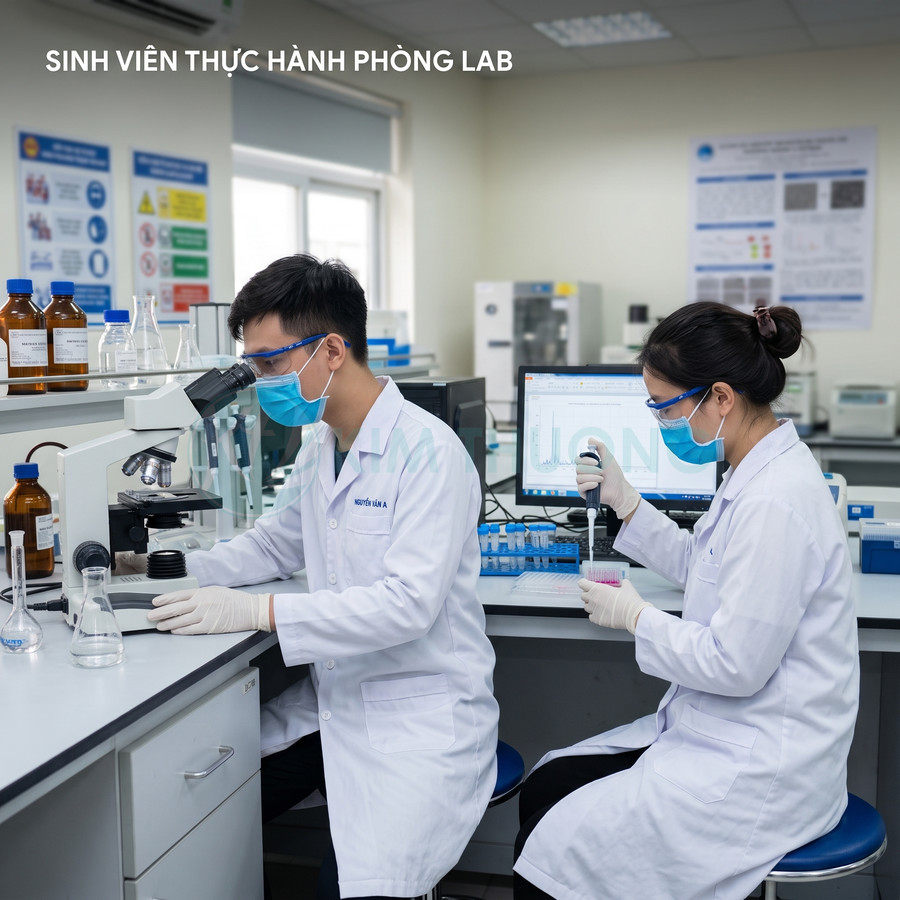 Sinh viên y khoa thực hành trong phòng thí nghiệm với kính hiển vi và ống nghiệm