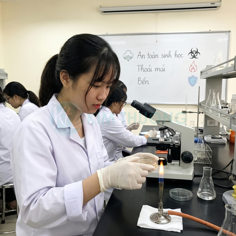Sinh viên mặc áo blouse và găng tay thực hành trong phòng thí nghiệm với kính hiển vi và đèn cồn