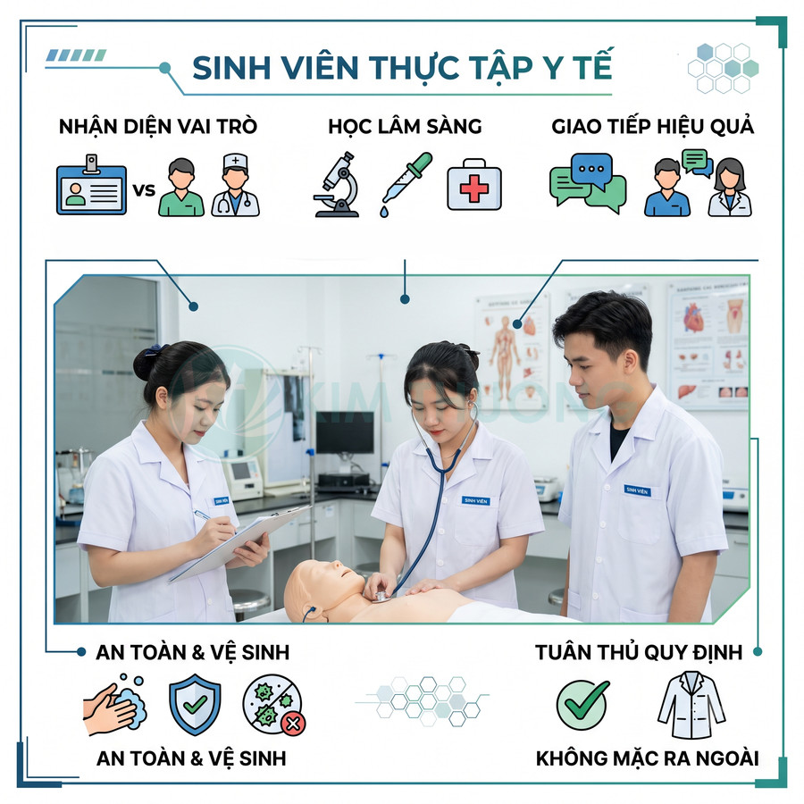 Sinh viên y khoa mặc áo blouse thực hành khám bệnh trên mô hình bệnh nhân trong phòng lab y tế