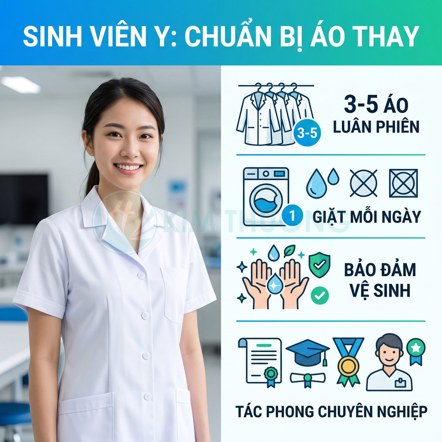 Nữ sinh viên y khoa mặc áo blouse trắng sạch sẽ, minh họa hướng dẫn chuẩn bị và giữ vệ sinh áo thực tập