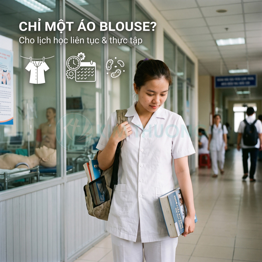 Nữ sinh viên y khoa mặc áo blouse trắng cộc tay, đeo túi sách và cầm giáo trình trên hành lang bệnh viện