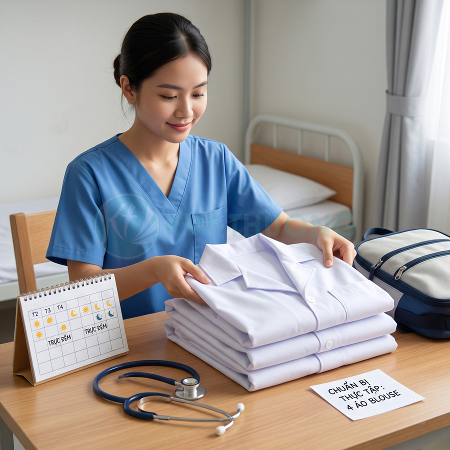 Nữ y tá gấp chồng áo blouse trắng mới trên bàn cạnh ống nghe và lịch trực bệnh viện
