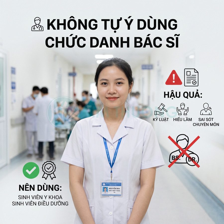Nữ sinh viên y khoa mặc áo blouse đứng trong hành lang bệnh viện với thông điệp không tự ý dùng chức danh bác sĩ