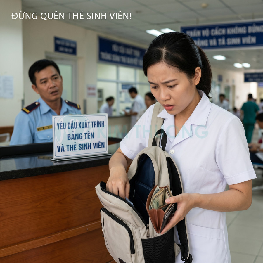 Nữ sinh viên y khoa tìm thẻ sinh viên trong balo trước quầy tiếp đón bệnh viện