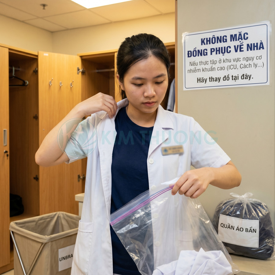Nữ nhân viên y tế cởi áo blouse trắng và cho vào túi nhựa trong phòng thay đồ bệnh viện