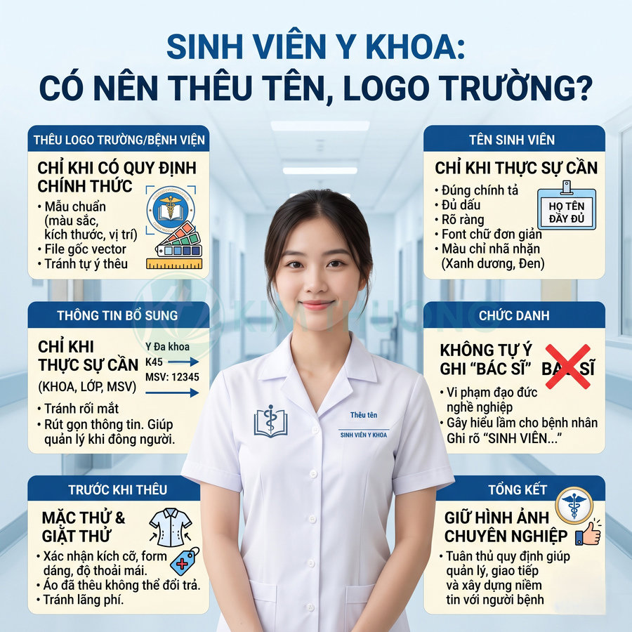 Nữ sinh viên y khoa mặc áo blouse trắng thêu logo trường và tên, đứng trong hành lang bệnh viện