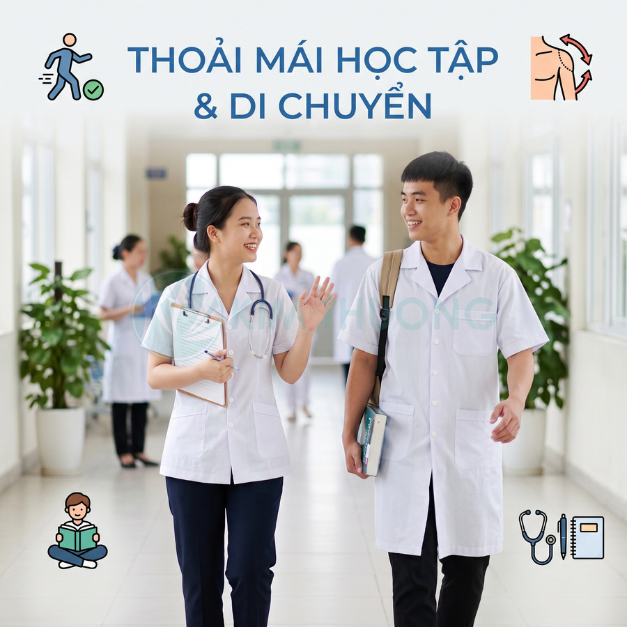 Sinh viên y khoa mặc áo blouse trắng thoải mái trò chuyện và di chuyển trong hành lang trường học