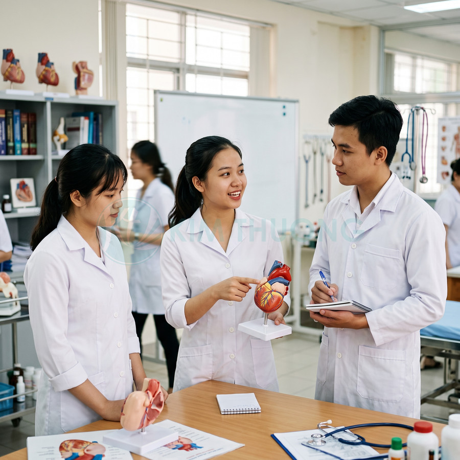 Sinh viên y khoa thảo luận bên cạnh mô hình tim người trên bàn trong phòng thực hành