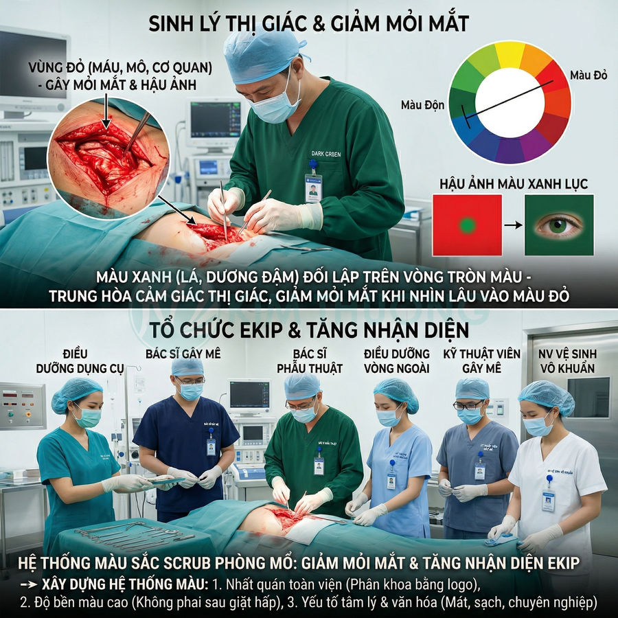 Ekip bác sĩ phẫu thuật mặc đồ mổ màu xanh trong phòng mổ hiện đại, minh họa vai trò màu sắc giảm mỏi mắt