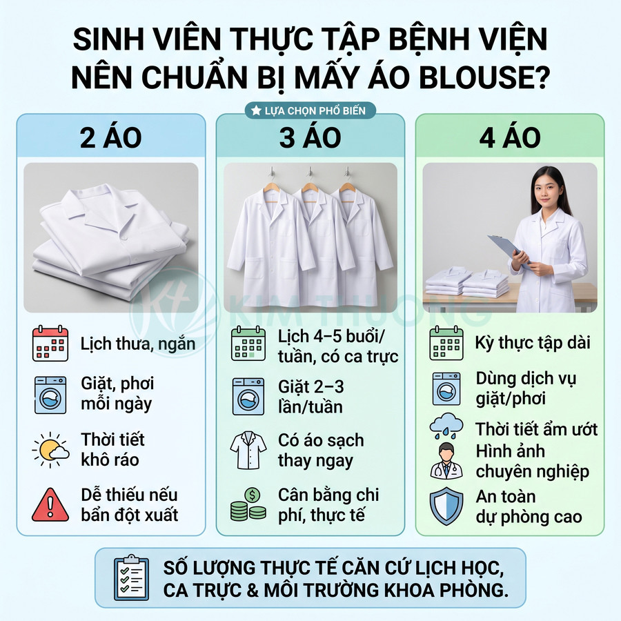 So sánh số lượng áo blouse trắng cho sinh viên thực tập bệnh viện với hình ảnh mẫu áo gấp và người mặc áo