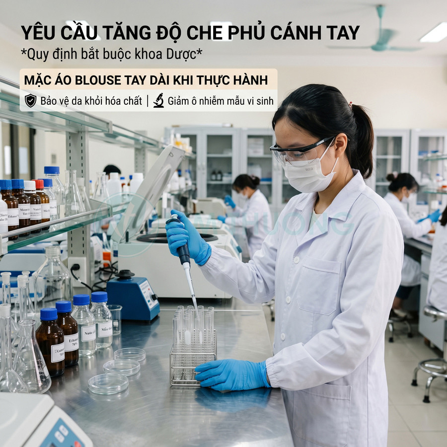 Nữ kỹ thuật viên mặc áo blouse tay dài, đeo găng tay và khẩu trang thao tác với ống nghiệm trong phòng thí nghiệm
