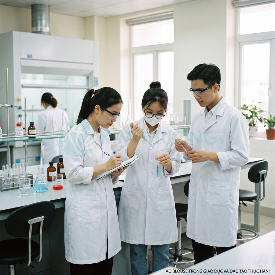 Sinh viên mặc áo blouse trắng đang thực hành thí nghiệm trong phòng lab hóa học